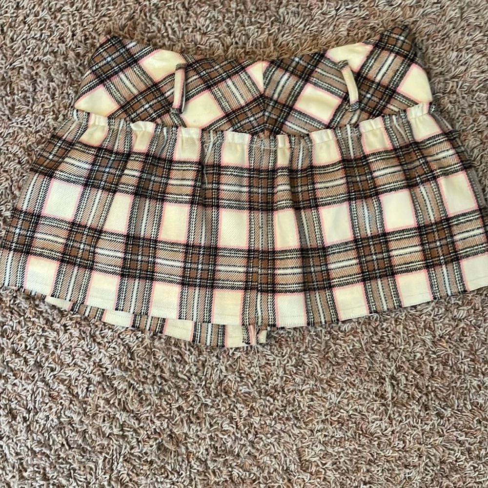 Cream plaid skirt with pops of pink
